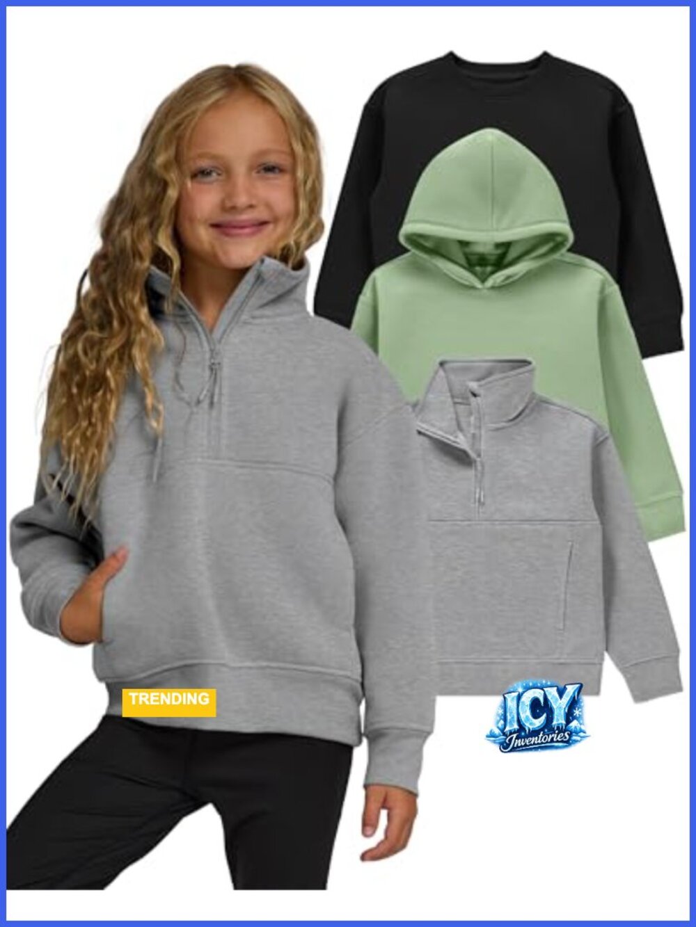 Girls 3-Pack Hoodie Crewneck Quarter Zip Fleece Sweatshirts Set Sizes 4-16